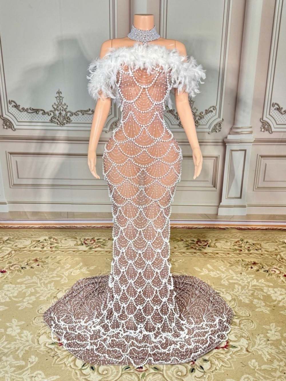 Nude Illusion Pearl Scallop & White Feather Mermaid Gown